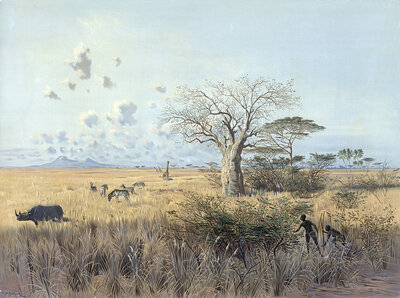 Masai Steppe and Kilimanjaro, Tanzania, Kenya, authentic reproduction of a school mural, historic, around 1900