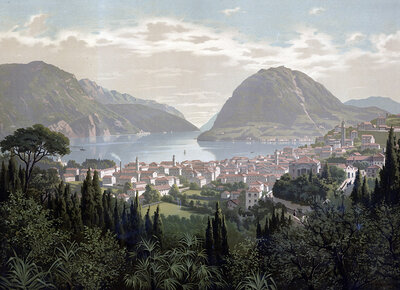 View of the city of Lugano and Lake Lugano, 1890, Switzerland, authentic reproduction of a school mural, historical, exact date unknown