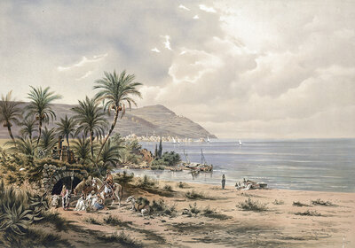 Carmel Mountains, Carmel or Carmel and the city of Haifa, Israel, beach landscape with palm trees and sailboats in front of a picturesque rocky coast, authentic reproduction of a school mural, historic, around 1900