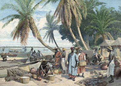 Weekly market on the lagoon in Togo, German colony, authentic reproduction of a school mural, historic, around 1900