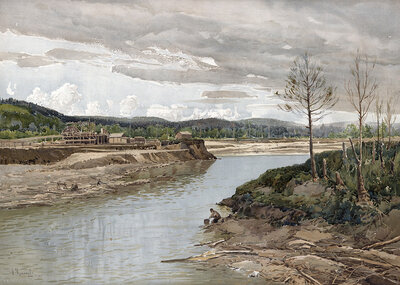 Landscape on the Amur River, or Heilong Jiang, a 2824 kilometer long river in China and Russia flowing into the North Pacific, authentic reproduction of a school mural, historic, around 1900