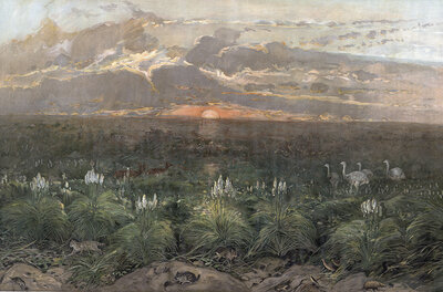 Landscape in the Pampas, flat, woody grassland in southeastern South America, Argentina, authentic reproduction of a school mural, historic, around 1900
