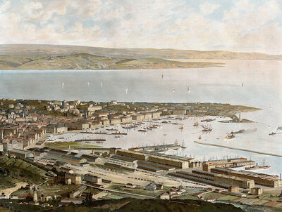 The port of Trieste, Italy, authentic reproduction of a school mural, historical, around 1900