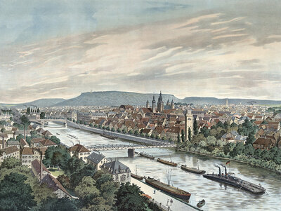Heilbronn, city on the Neckar, Baden-Württemberg, Germany, large river flowing through a historic town with bridges and ships, surrounded by architecture, authentic reproduction of a school mural, historic, around 1900