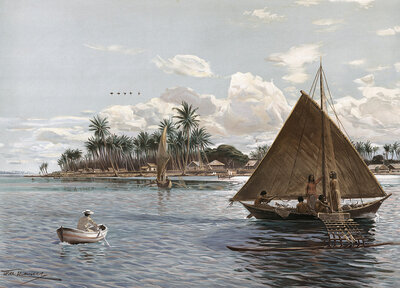 Coast with sailboats and locals, Marshall Islands, island state in the middle of Oceania, around 1905, authentic reproduction of a school mural, historical, exact date unknown