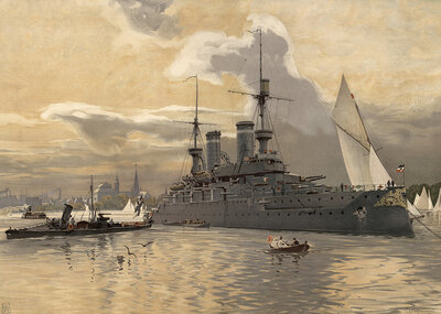 Warship in the port of Kiel, Schleswig-Holstein, Germany, authentic reproduction of a school mural, historical, around 1900