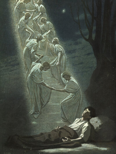 Scene from the biblical story, Jacob's dream, the biblical story of Jacob's Ladder, in which Jacob in a dream sees a ladder reaching from earth to heaven, with angels ascending and descending on it, authentic reproduction of a school mural, historical, ar