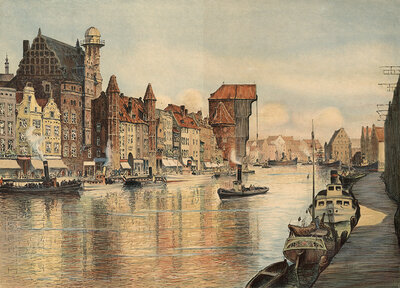 Langebrücke, am Kranen, Danzig, Gdansk, today Poland, authentic reproduction of a school mural, historic, around 1900, historic harbor view with old buildings and shipping on a quiet river