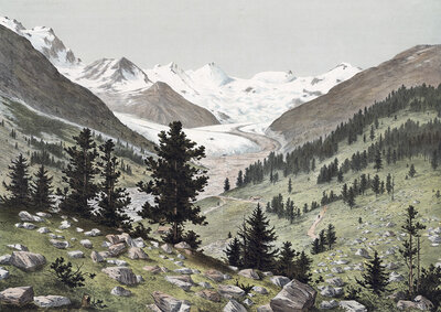 Bernina group, type of the Central Alps, a mountain group in the central Eastern Alps, Engadin, Grisons, Switzerland, authentic reproduction of a school wall painting, historical, around 1900