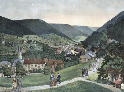 Black Forest, Bad Wildbad, spa town in the district of Calw in Baden-Württemberg, Germany, village in a mountainous area with people walking and a church in the center, authentic reproduction of a school mural, historic, around 1900