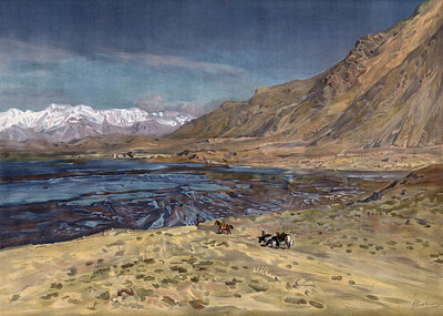 Landscape in the Pamir Mountains, high mountains in Central Asia, which belongs to the intracontinental mountain system of Upper Asia and is partly referred to as the roof of the world, authentic reproduction of a school mural, historical, around 1900