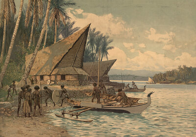 Houses and fishing boats on the beach, scene on the Caroline Islands, German colony, Pacific Ocean, authentic reproduction of a school mural, historic, around 1900