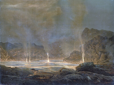 Lava lake, Halemaʻumaʻu is a shaft crater in the bottom of the caldera of the Kīlauea volcano in Hawaii Volcanoes National Park on the largest Hawaiian island Big Island, America, authentic reproduction of a school mural, historic, around 1900