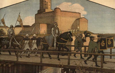 Knut Knutsson, who left Wiborg Castle in 1440, an island castle in the city of Wiborg, today Russian Vyborg and in the Karelian Isthmus in Russia, was actually Karl Knutsson Bonde, illustration, reproduction from a model from the 19th century. Authentic,
