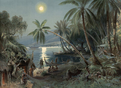 Nighttime with natives on Samoa in Polynesia, around 1905, authentic reproduction of a school mural, historical, exact date unknown
