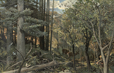 Forest in the Allegheny Mountains, Appalachian region, stretches south-southwest more than 800 km from northern Pennsylvania to southwestern Virginia, America, authentic reproduction of a school mural, historic, around 1900
