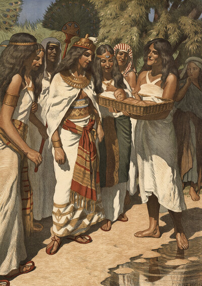 Scene from the biblical story, Moses as a baby is found by the pharaoh's daughter in a reed basket on the Nile, authentic reproduction of a school mural, historical, around 1900