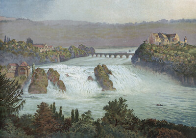 Rhine Falls in Schaffhausen, Rhine, Switzerland, authentic reproduction of a school mural, historic, around 1900, impressive waterfall flows through a lush green landscape with a bridge