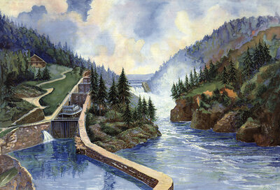 Shipping lock, Vrangoss Telemark, Vrangfoss is the name of the largest lock of the Telemark Canal in Norway, authentic reproduction of a school mural, historic, around 1900
