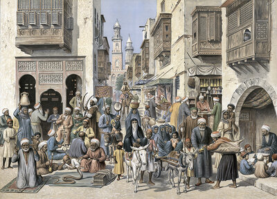 Street life with traders and artisans in Cairo, Egypt, authentic reproduction of a school mural, historic, around 1900