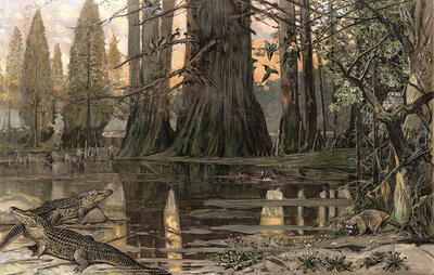 Landscape with crocodiles on the Mississippi River, America, authentic reproduction of a school mural, historic, around 1900