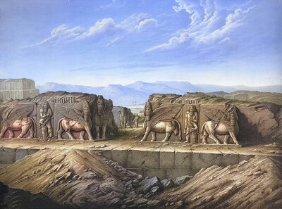 Palace of Sargon II, Khorsabad, Iran, authentic reproduction of a school mural, historic, around 1900