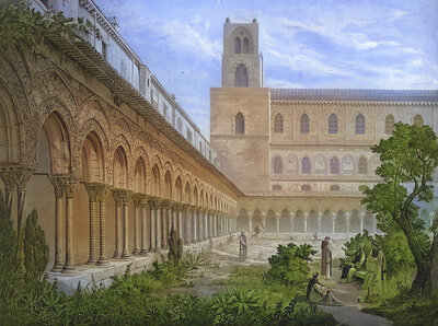 Benedictine monastery in Monreale, 1883, Sicily, Italy, school painting, authentic reproduction of a school mural, historical, digitally restored reproduction from a model from the 19th century, exact date of depiction unknown