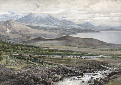 Active volcanoes in Kamchatka, peninsula in northeast Asia, Kamchatka region in the Far East Federal District of the Russian Federation, Russia, authentic reproduction of a school mural, historical, around 1900