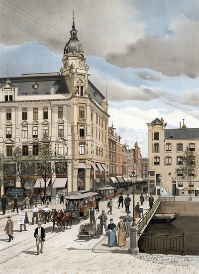 Leidsestraat, one of the main shopping streets in Amsterdam, Holland, Netherlands, authentic reproduction of a school mural, historic, around 1900