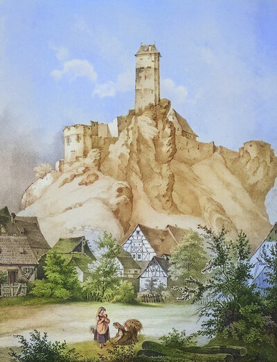 Veldenstein Castle, medieval hilltop castle, around 1850, near Neuhaus an der Pegnitz, Franconian Switzerland, Nuremberg region, Middle Franconia, Bavaria, Germany, digitally enhanced reproduction from a 19th century original, coloured, historical, exact