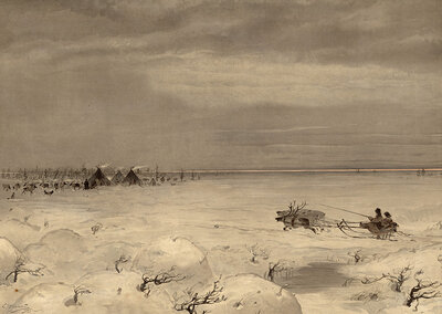 Tundra, cold steppe, northern Siberia, landscape in winter, Russia, authentic reproduction of a school mural, historical, around 1900