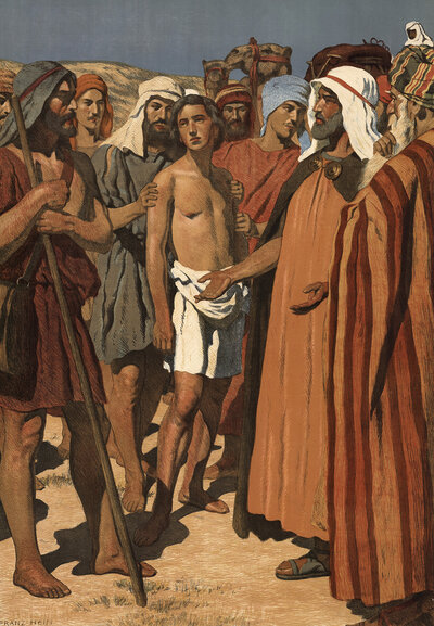 Scene from the biblical story, Joseph is sold as a slave to Egypt by his jealous brothers after they throw him into a cistern because he was their father Jacob's favorite son, authentic reproduction of a school mural, historical, around 1900