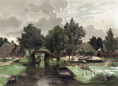Giethoorn, fishermen on a canal, eel traps, Holland, authentic reproduction of a school mural, historical, around 1900