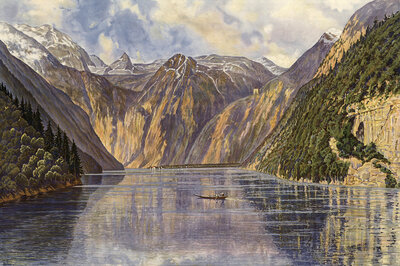 Königssee, mountain lake in the municipality of Schönau am Königssee in the Berchtesgadener Land district, Bavaria, Germany, authentic reproduction of a school wall painting, historical, around 1900