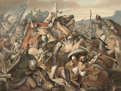 Margrave Luitpold of Bavaria fell on July 4, 907 in the crushing defeat of the Bavarian army against the Hungarians in the Battle of Pressburg, school painting, authentic reproduction of a school mural, around 1911, exact date unknown, historical