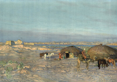 Steppe landscape in Kyrgyzstan, yurts, people, Central Asia, authentic reproduction of a school mural, historical, around 1900, nomadic scene in the desert with yurts and horses under a wide sky