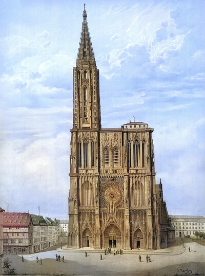 Cathedral of Our Lady in Strasbourg, Cathédrale Notre-Dame de Strasbourg, Strasbourg Cathedral for short, a Roman Catholic religious building in the Alsatian city of Strasbourg, France, authentic reproduction of a school mural, historic, around 1900