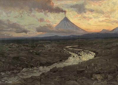 Active volcano on Kamchatka, peninsula in northeast Asia, Russia, authentic reproduction of a school mural, historic, around 1900