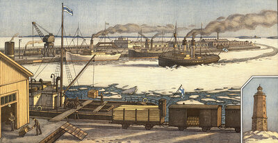 The port of Hanko, Hango, in winter, southernmost town in Finland, 1900, trade in goods, authentic reproduction of a school mural, historical, exact date unknown