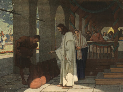 Scene from the biblical story, the location of the famous wedding at which Jesus performed his first miracle, referred to as Cana in Galilee. The current location, which is traditionally identified with this biblical event, is Kfar Kanna, authentic reprod