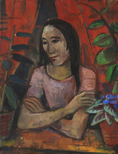 Karl Christian Ludwig Hofer, also Carl Hofer (born 11 October 1878, died 3 April 1955), German expressionist and expressive realist painter. Here his work Mädchen am Fenster mit Blattpflanzen, Girl at the window with leafy plants (1920), Painting, Reprod