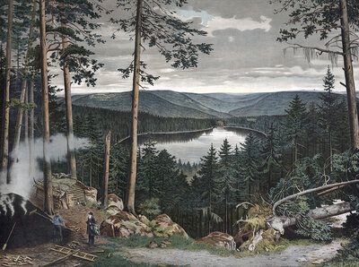 Charcoal maker who smolder wood in a coal kiln for this purpose, charcoal factory, northern Black Forest, Baden-Württemberg, Germany, dense forest with a lake in the background and workers cutting wood in a mysterious environment, authentic reproduction