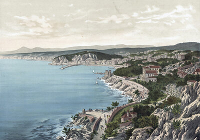 Nice, major French city on the Mediterranean coast, Côte d'Azur, Alpes-Maritimes department in the Provence-Alpes-Côte d'Azur region, France, authentic reproduction of a school mural, historical, around 1900