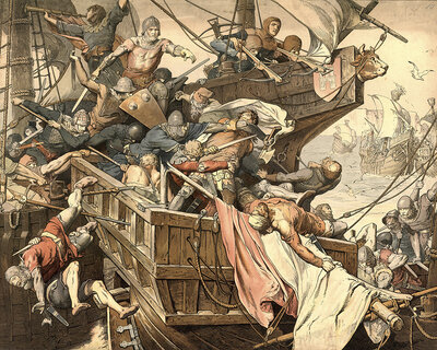 Klaus Störtebeker, a notorious pirate of the Vitalia Brothers, was allegedly captured and executed in Hamburg in 1401, school painting, authentic reproduction of a school mural, around 1911, exact date unknown, historical