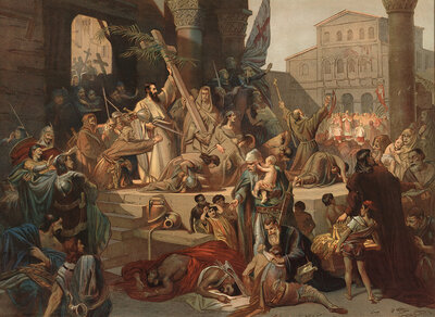 The conquest of Jerusalem by Godfrey of Bouillon took place on July 15, 1099 during the First Crusade, culminated in a bloody massacre of the Muslim and Jewish population and led to the founding of the Kingdom of Jerusalem, school painting, authentic repr