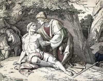 Scene from the biblical story, The Parable of the Good Samaritan is one of the most famous stories of Jesus in the New Testament, authentic reproduction of a school mural, historical, around 1900