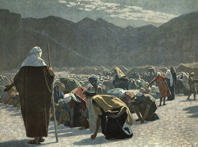 Scene from the biblical story, manna, described a miraculous food that God gave to the people of Israel in the desert, authentic reproduction of a school mural, historical, around 1900