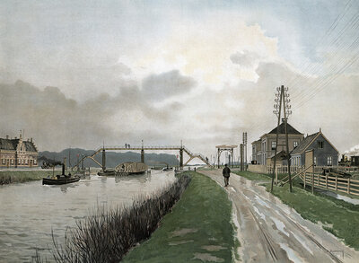 Merwede Canal, a canal in the Dutch province of Utrecht between the city of Utrecht and the Merwede, authentic reproduction of a school mural, historic, around 1900