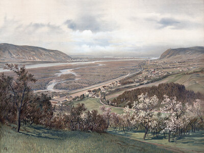 The Danube near Vienna, Austria, authentic reproduction of a school mural, historical, around 1900