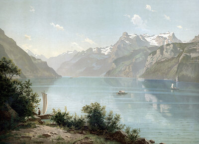 Lake Lucerne in 1890, Switzerland, authentic reproduction of a school mural, historical, exact date unknown